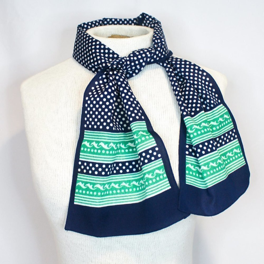 Navy Blue Green White Polka Dot Skinny Tie Scarf - Great For Purse / Handbag